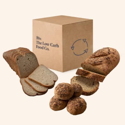 low-carb bread subscription, showing 400g loaf, 700g seeded loaf and 4 seeded rolls