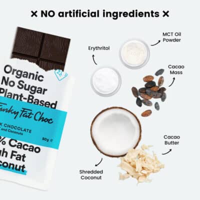 Funky Fat Choc Coconut 3 showing the chocolate and all the ingredients including coconut oil, mct oil and erythritol