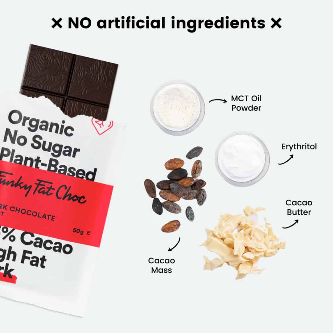 Funky Fat Choc Dark 4 Funky Fat Choc Dark on table with ingredients scattered around it in bowls