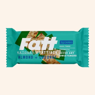 Fatt almond and coconut fattjack on a cream background