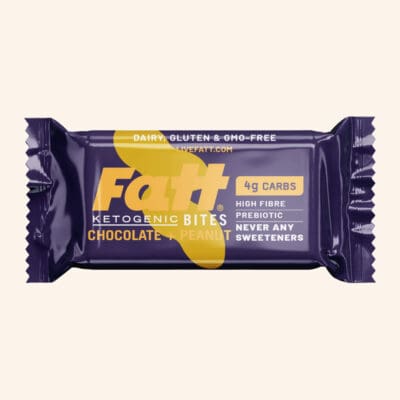 fatt chocolate peanut bites on a cream background