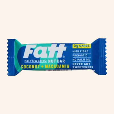 Fatt - Coconut + Macadamia bar on a cream background