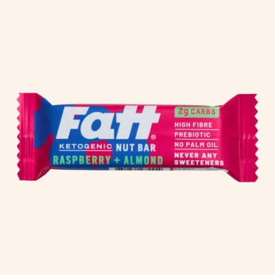 Fatt - Raspberry + Almond bar on a cream background.