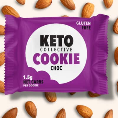 keto cookie choc on a cream background with almonds