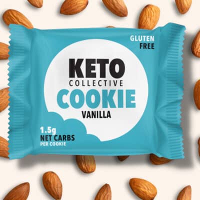 keto cookie vanilla on a cream background with almonds