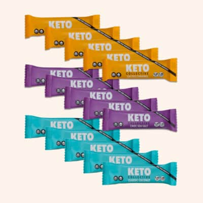 5 salted caramel keto bars, 5 choc sea salt keto bars and 5 classic coconut keto bars on a cream background.
