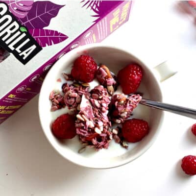 raw gorilla berry granola organic keto in a bowl with almond milk and raspberries