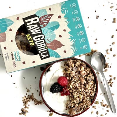 raw gorilla mighty muesli chocolate chip in a bowl with yoghurt and berries