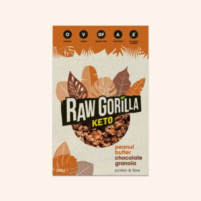 Raw Gorilla Peanut Butter and Chocolate Granola box on a cream background