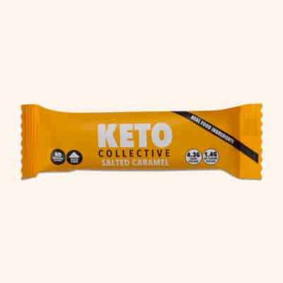 Salted caramel keto bar on a cream background